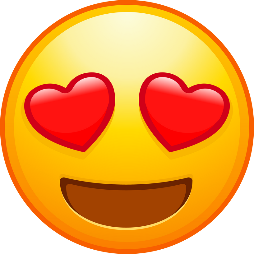 Top quality emoticon. Emoji with heart shaped eyes. In love emoticon, yellow face with heart-eyes and open smile. Yellow face emoji element.